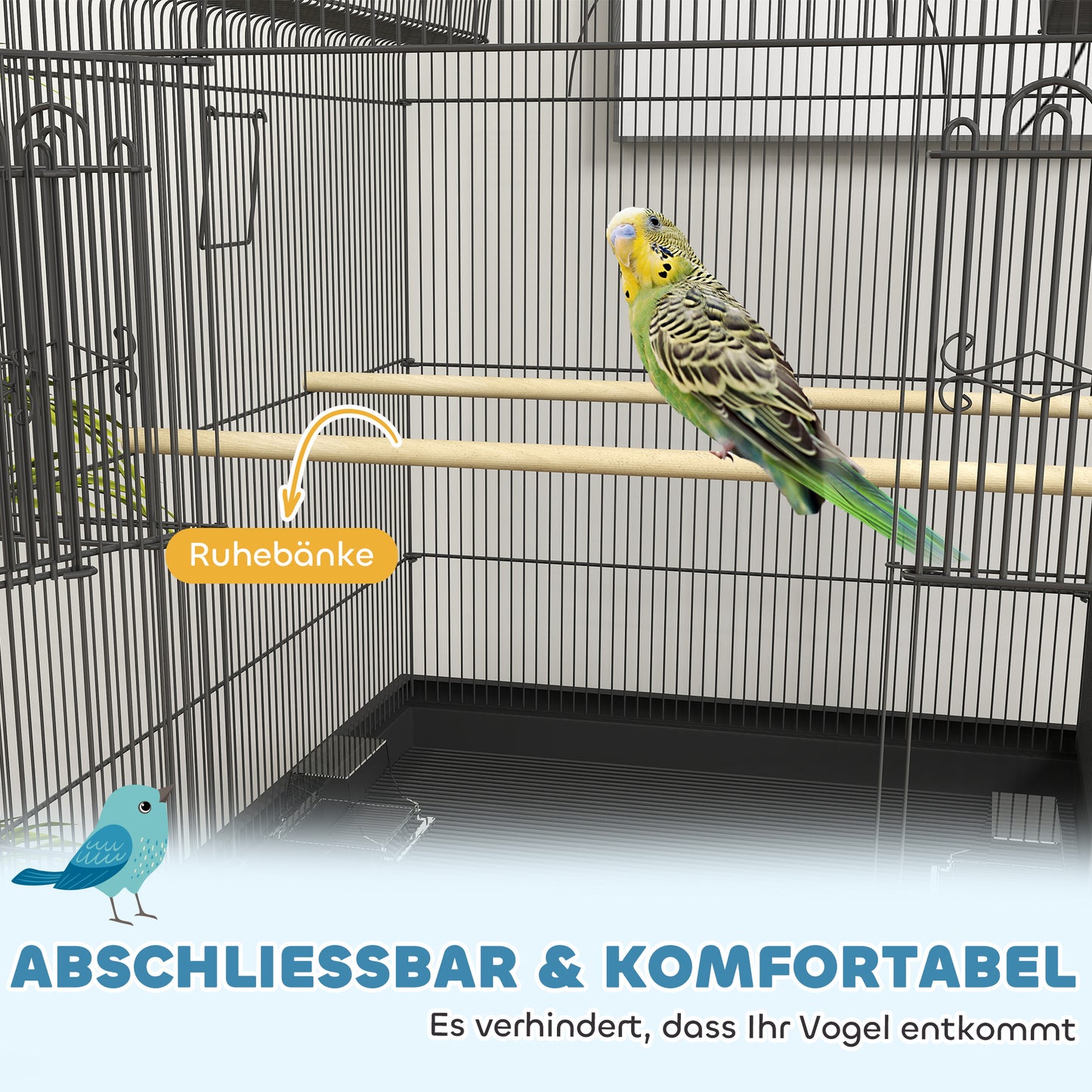 Vogelkooi – Parkietenkooi – Kanariekooi – Papegaaienkooi – Volière – Stalen Kooi – Wieltjes met Remmen – Uitneembare Lade 63x53x144 cm Zwart