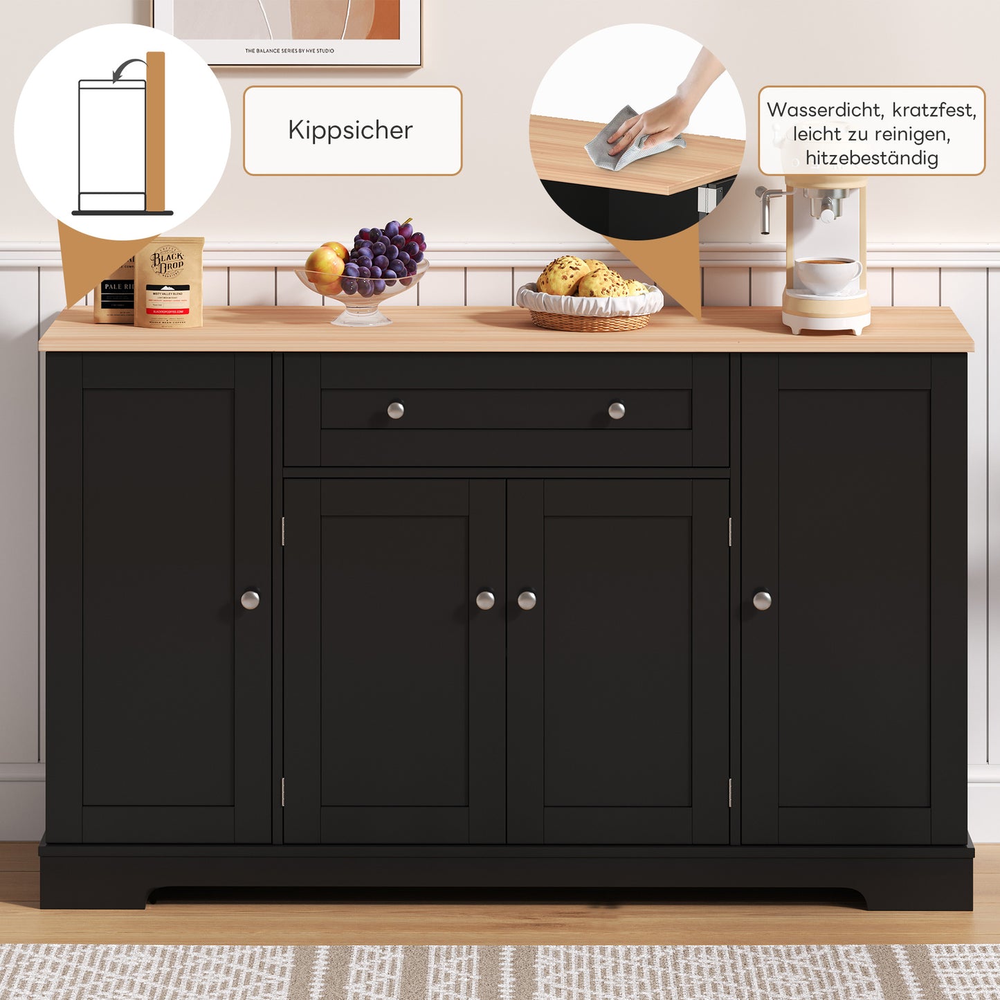 Buffetkast – Dressoir – Opbergkast – Serveerkast – Keukenkast – Modern Design – 138 CM Breed – Verstelbare Planken – Kantelbeveiliging – Zwart