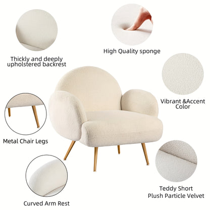 Fauteuil – Zetel – Lounge Stoel – Leunstoel – Teddy Stoel – Witte Teddy Bekleding – Gouden Metalen Pootjes – Compact Ontwerp – Stevige Armleuningen