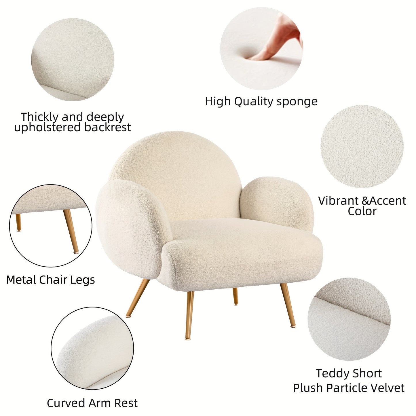Fauteuil – Accentstoel – Loungestoel – Leunstoel – Relaxfauteuil – Sherpa Teddy Stof – Met Armleuningen – Stevige Metalen Poten
