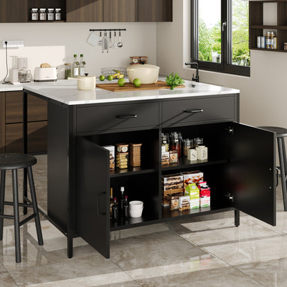 Modern Industrial Kitchen Island Table with Storage - Heavy-Duty Metal Construction, Black Bar Counter, Adjustable Legs - Space-Saving Dining or Living Room Furniture for Small Apartments - Easy-Clean Surface, Kitchen Table,