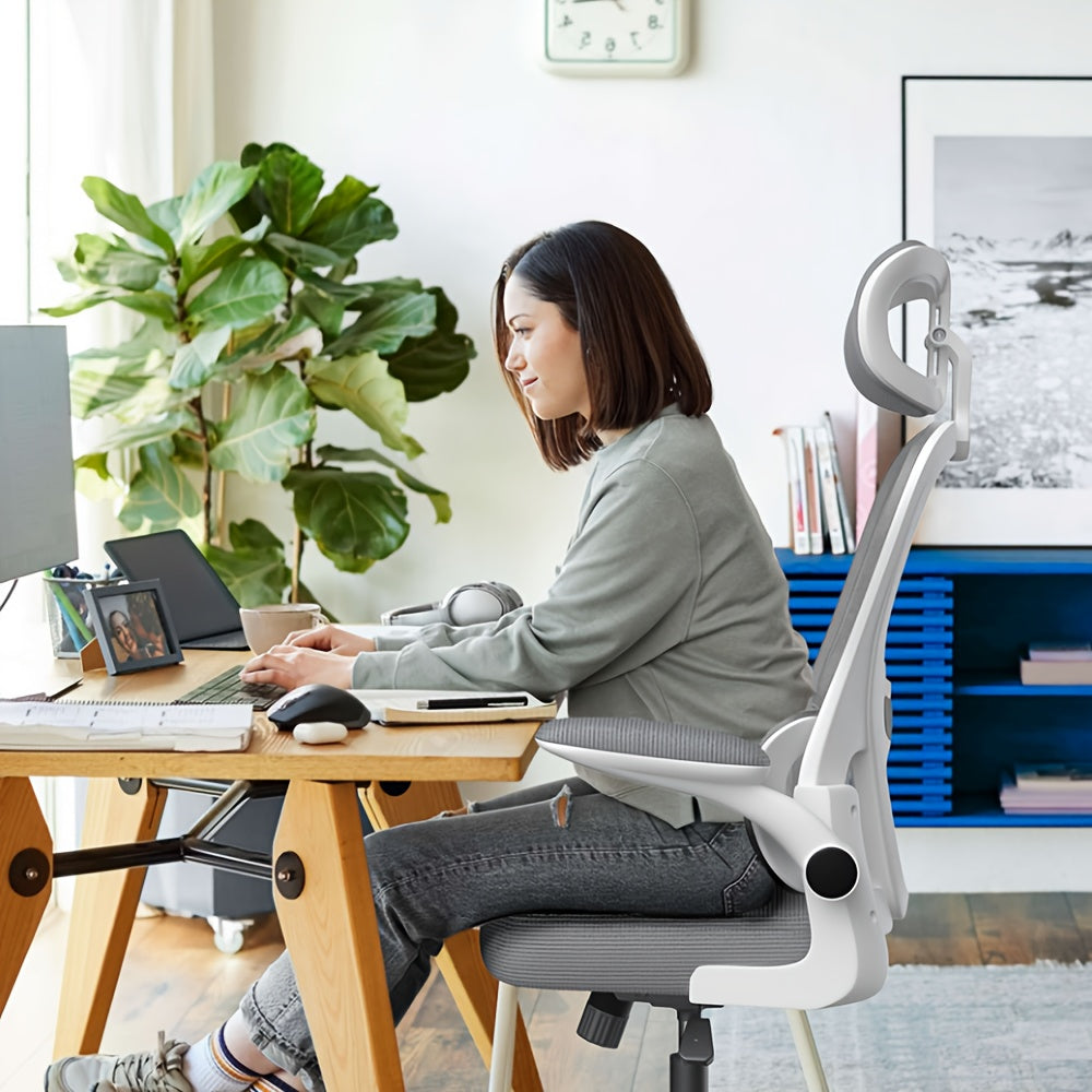 Ergonomische Bureaustoel – Bureaustoel Met Hoofdsteun – Werkstoel – Kantoorstoel – Stoel Voor Bureau – Ademend Mesh – Verstelbare Zithoogte & 360° Draaibaar – Grijs/Wit – Stevig Frame & Comfortabele Sponszitting