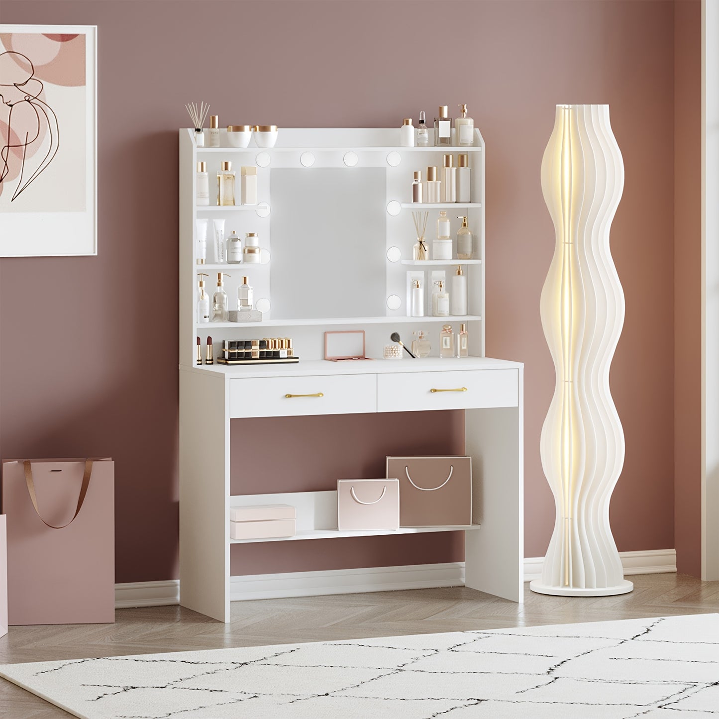 Make-uptafel – Kaptafel – Schminktisch – Visagiekast – Make-up Bureau – Wit Met Gouden Accenten – Verstelbare Verlichting – 100x40x149 cm