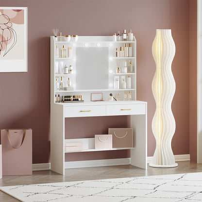 Make-uptafel – Schminktisch – Kaptafel – Vanity Table – Make-up Bureau – Wit Met Gouden Accenten – Verstelbare Verlichting – Ruime Opbergruimte Met 6 Vakken En 2 Laden