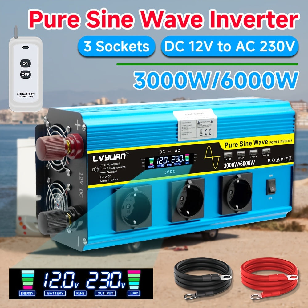 LVYUAN 6000W (peak)/3000W Pure Sine Wave DC 12V To AC 220V Voltage Converter With LCD Display And Wireless Remote Control As Well As 3 AC Outlets, 4 USB Ports And 4 Convection Fans For Car Camping, Laptops And Trucks.