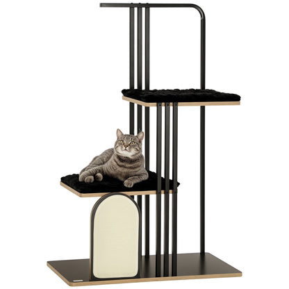 Krabpaal – Krabmeubel – Krabton – Kattenmeubel – Krabpaal Industrieel – Stalen Frame – 2 Platforms Met Wasbare Kussens – Natuurlijke Sisal Krabwand – Zwart – 85x48x128 cm