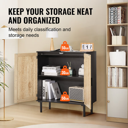 Kast – Opbergkast – Rattan Kast – Dressoir – Buffetkast – Handgeweven Rattan Deuren – Verstelbare Legplanken – Zwart – Magnetische Deuren
