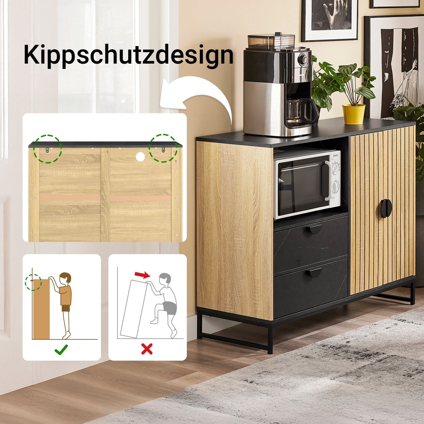 Keukenkast – Keukenbuffet – Opbergkast – Magnetronkast – Buffetkast – Met Magnetronvak en Verstelbare Plank – Eikenhout Zwart – Compact 107x85x40 cm