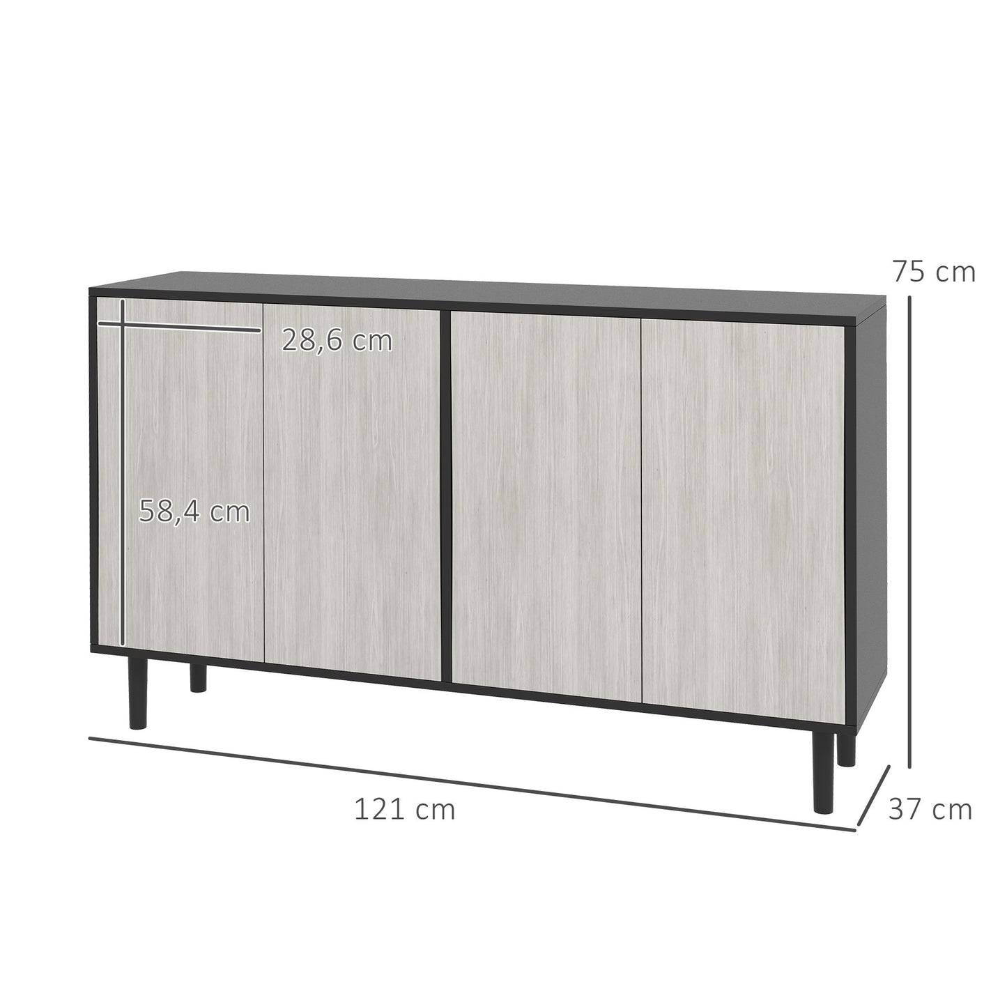 Keukenkast – Keukenbuffet – Buffetkast – Voorraadkast – Keukenopberger – 2 Dubbele Deuren – Verstelbare Planken – 121 x 37 x 75 cm – Hout Spaanplaat – Zwart-Grijze Houtnerf
