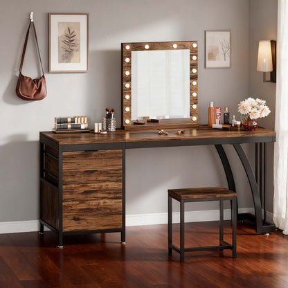 Bureau – Computertafel – Werkplek – Schrijftafel – Computerbureau – 150 cm Breed Werkblad – Stevig Metalen Frame Met 3 Ruime Lades – Massief Hout & MDF – Verstelbare Pootjes – Rustic Brown