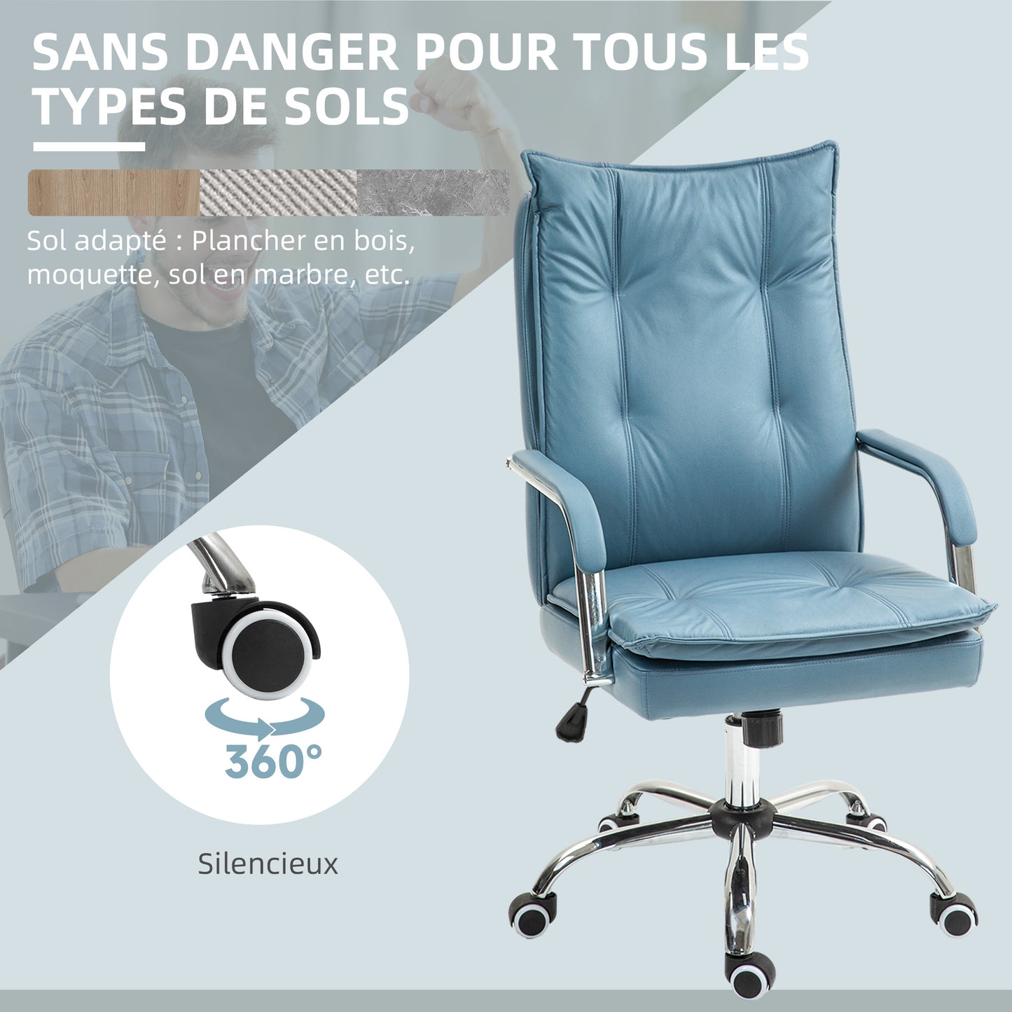 Bureaustoel – Ergonomische Stoel – Office Chair – Draaistoel – Kantoorstoel – Verstelbare Hoogte – Kantelfunctie Rugleuning – Hoogte Verstelbaar – Met Wieltjes – Blauw – Comfortabel Foam – 360° Draaibaar