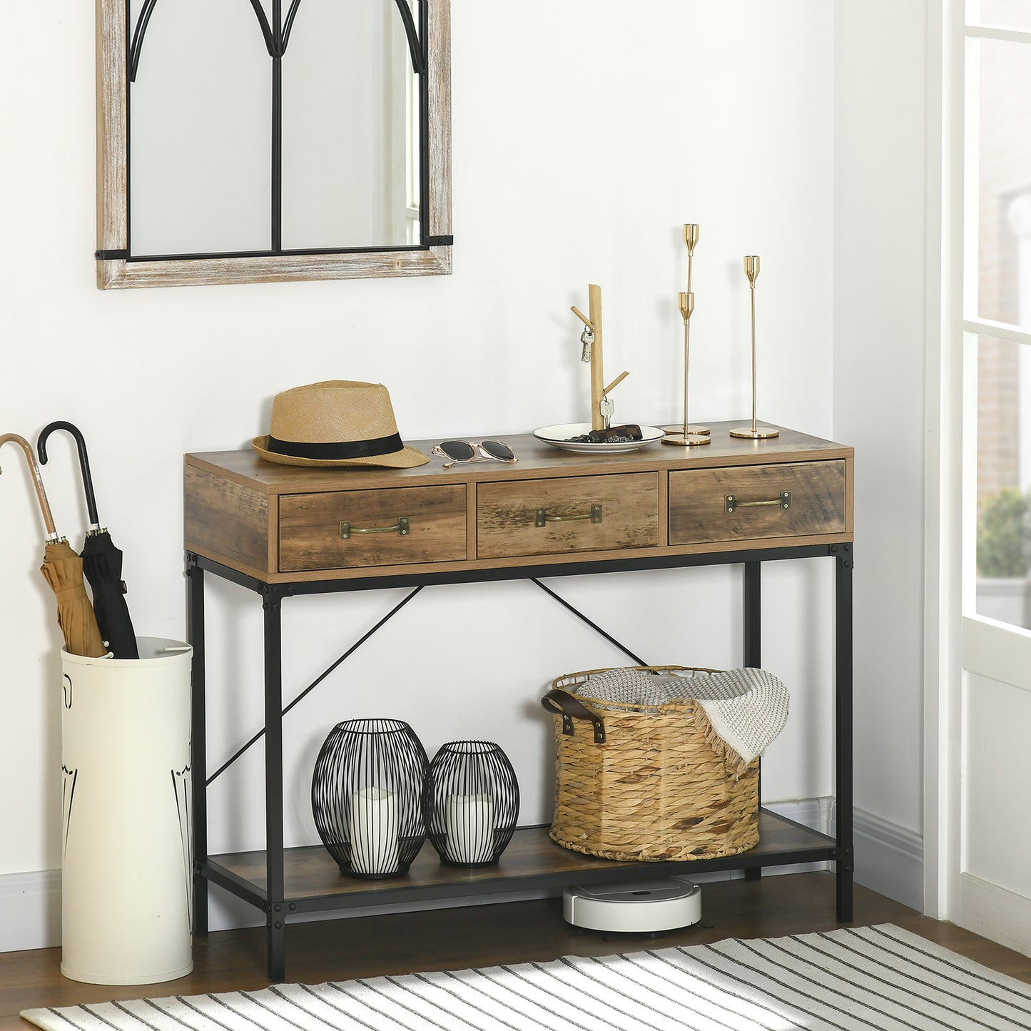 HOMCOM Console Table, Entryway Table, Sofa End Table, Carbon Steel Frame, Easy Assembly, with 3 Drawers And 1 Wooden Top, Industrial Design, 100 X 35 X 76.5 Cm, Light Brown