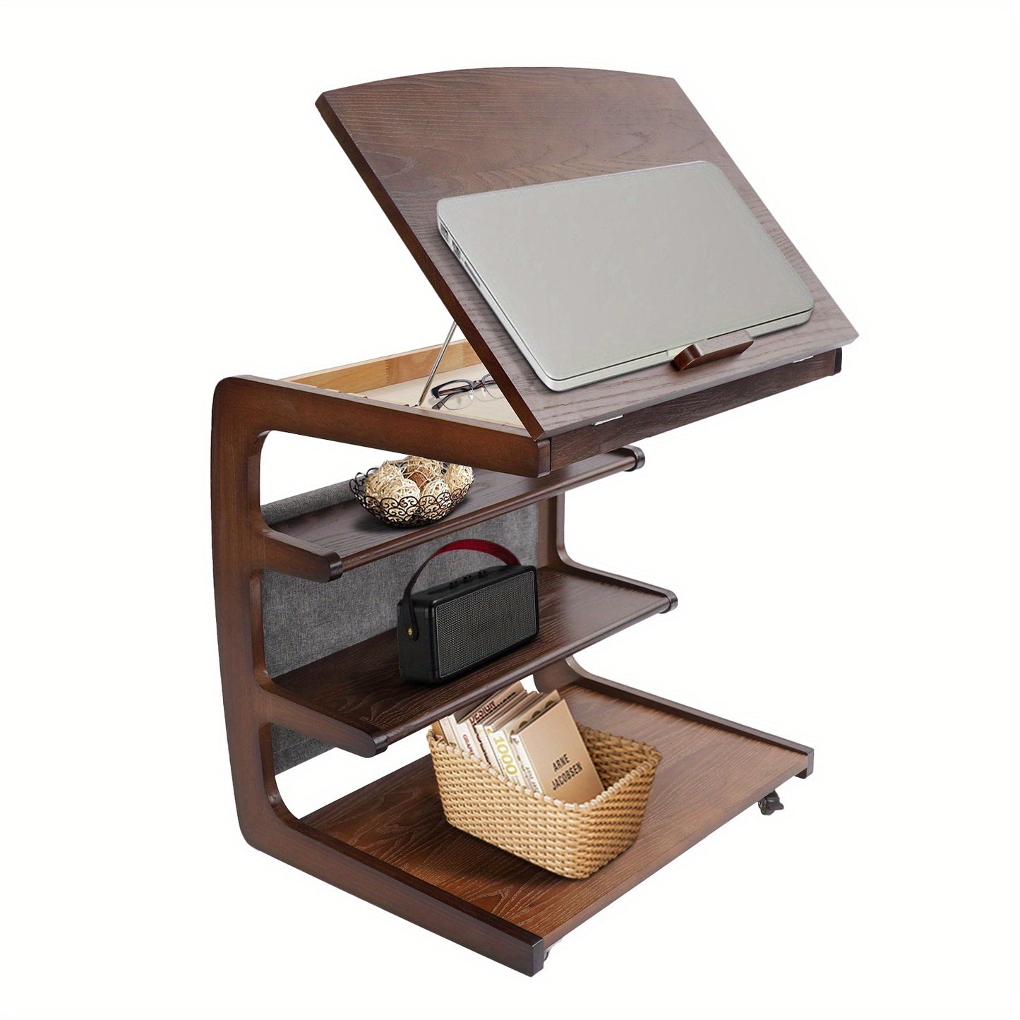 Salontafel met Opbergruimte – Bijzettafel – Koffietafel – Wandtafel – Rolstoeltafel – 4-laags Opbergruimte – Modern C-vormig Design – Rubberhout en IJzer – Wieltjes met Rem – 60 cm Hoog – Notenkleur