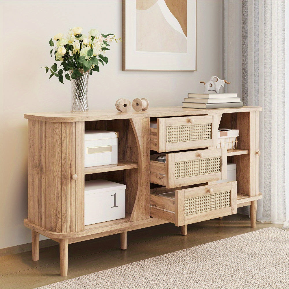 Modern Farmhouse Sideboard Cabinet with Sliding Doors - Natural Beige & Brown Storage Furniture, Adjustable Shelves, Entryway, Living Room, Dining Room Organizer - Easy Assembly Required, Entryway Furniture, Contemporary Desi