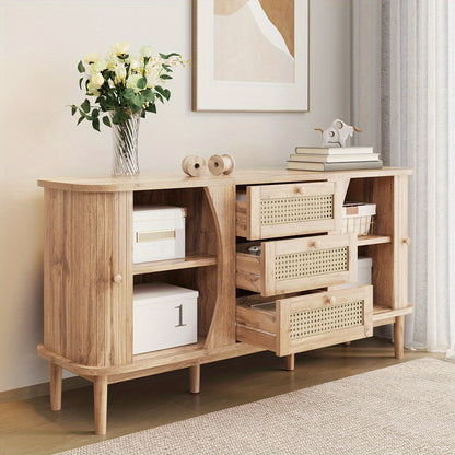 Modern Farmhouse Sideboard Cabinet with Sliding Doors - Natural Beige & Brown Storage Furniture, Adjustable Shelves, Entryway, Living Room, Dining Room Organizer - Easy Assembly Required, Entryway Furniture, Contemporary Desi