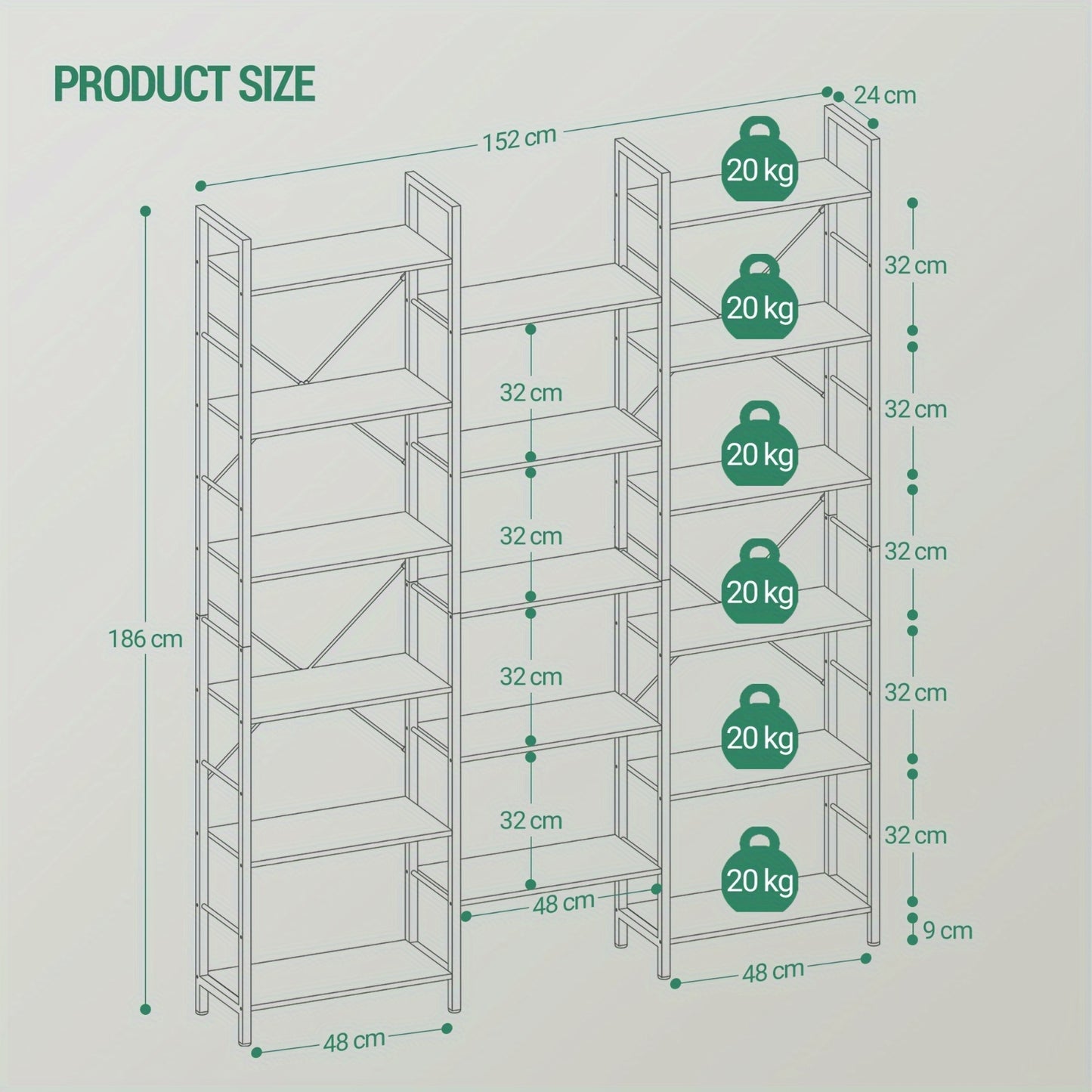 Boekenkast – Vakkenkast – Opbergkast – Boekplank – Wandkast – Vrijstaand – 17 Planken – Verstelbare Plankhoogte – Wit Eikenhout – Draagkracht 340 Kg – 24x152x186 cm