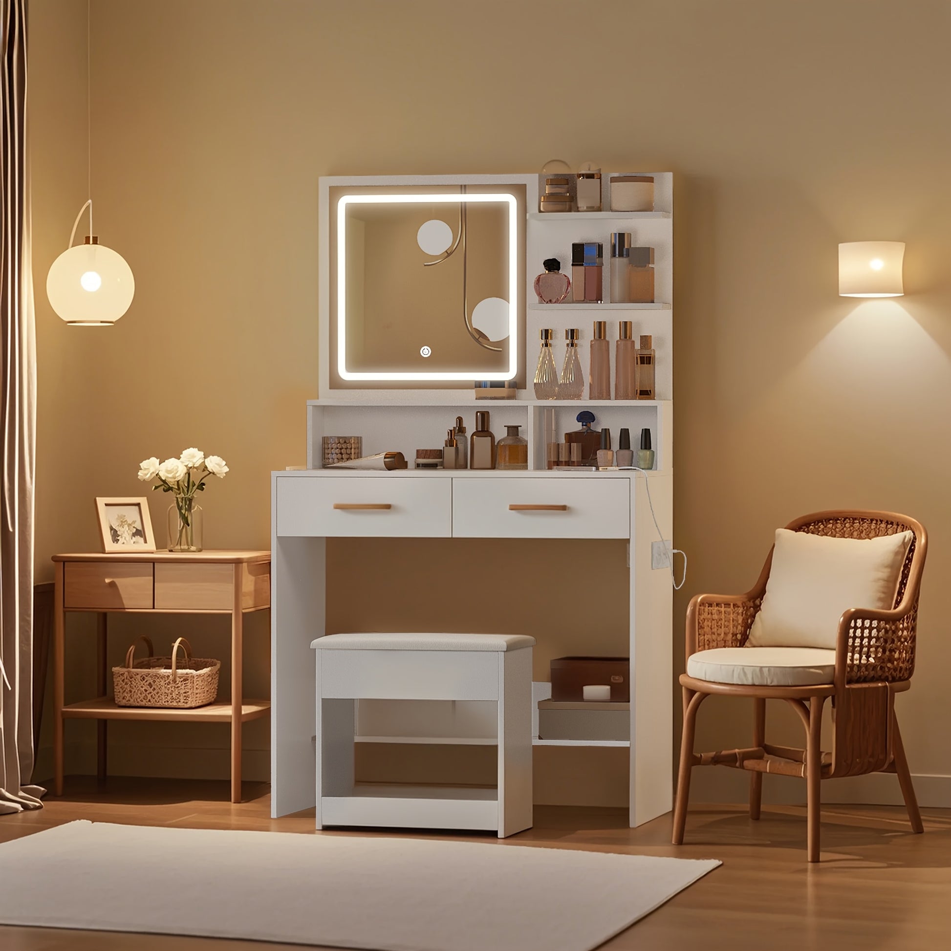 Jewelry Cabinet, Dressing Table With Adjustable LED Lights, Accessory Storage, Rechargeable AC Socket And USB Port, Vanity Makeup With Soft Dressing Stool, 2 Drawers, Open Organisers, For Bedroom, Cloakroom, White, Jewelry Bo - QUORE