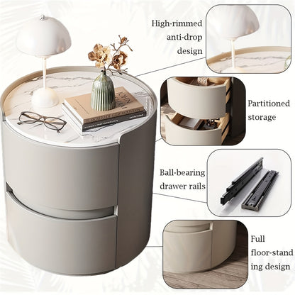Ronde Nachtkast – Nachtkastje – Bedside Table – Bijzettafel – Nachtkastje Met Laden – Grijs – Massief Hout – Microvezel Leder Afwerking – Compacte Ruimtebesparende Opbergruimte