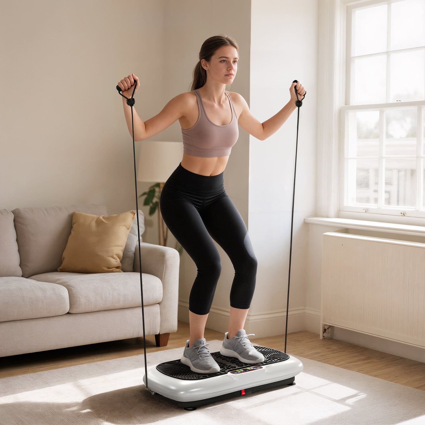 Vibratieplaat – Trillingsplaat – Balansbord – Fitnessplaat – Trainingsapparaat – 99 Instelbare Snelheidsniveaus – Inclusief 2 Fitnessbanden – Compact 73x40x13 cm – Wit/Zwart