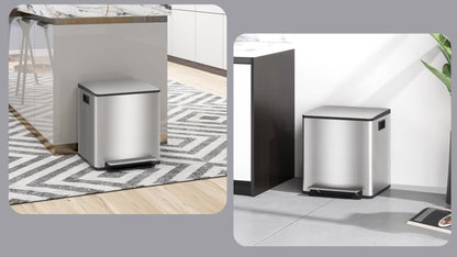 2 x 15L HOMCOM Kitchen Trash Can with Pedal, 2 Compartments, Stainless Steel with Soft Close Lid, Removable Buckets 41.8L x 36.7W x 44H cm Silver