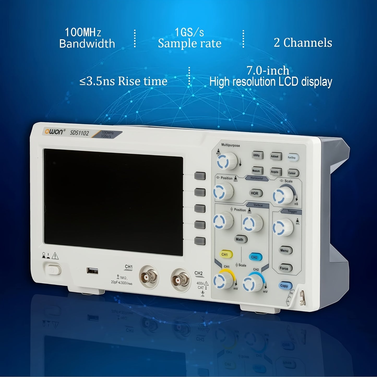 Digitale Oscilloscoop SDS1102 – Oscilloscoop – Signaal Analyzer – Meetinstrument – Elektronische Tester – 7" LCD Scherm – 100MHz Bandbreedte
