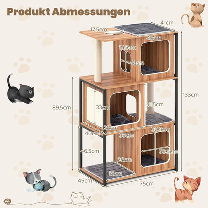 Krabpaal – Kattenboom – Krabmeubel – Kattenhuis – Krabton – Houten Frame – 132 cm Hoog – Met 3 Condo’s – Sisal Krabpalen – Wasbare Kussens