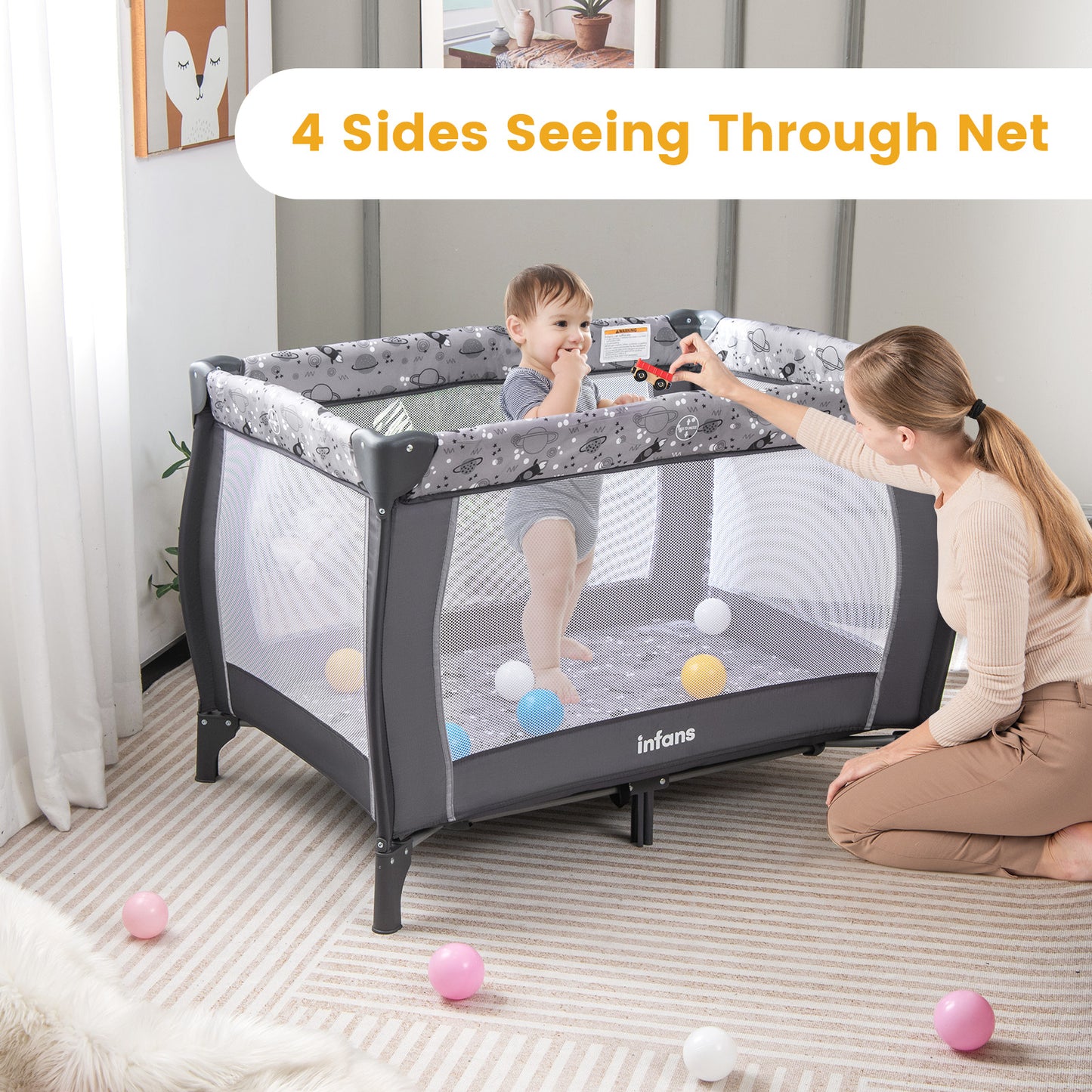 Boxspringbedje – Reisbedje – Kinderbed – Speelplek – Commode – Opvouwbaar – Met Wieltjes – Met Muziekdoos – Grijs