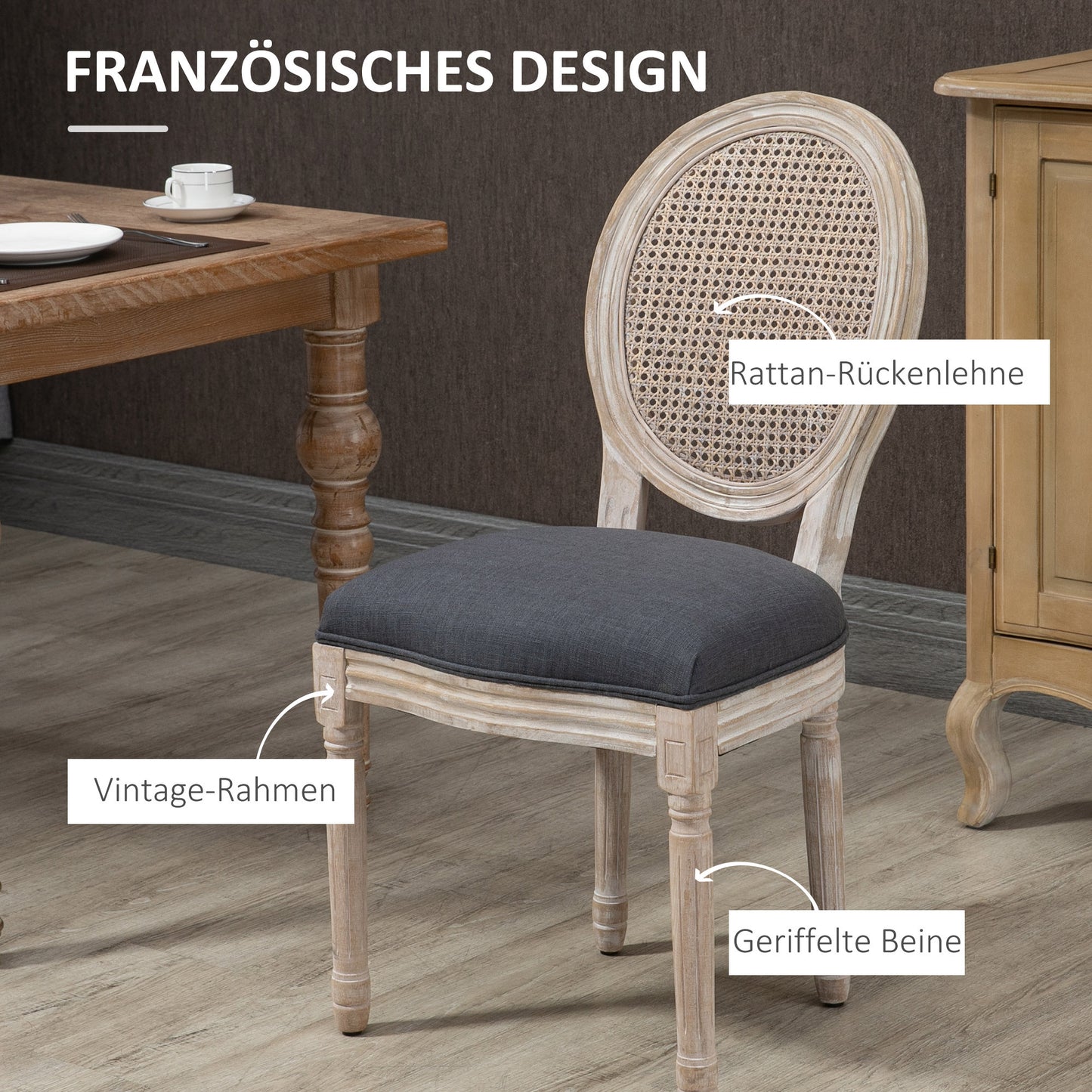 Eetkamerstoelen – Keukenstoelen – Stoelenset – Rattan Stoelen – Linnen Stoelen – Grijs – Comfortabele Bekleding – Massief Houten Poten