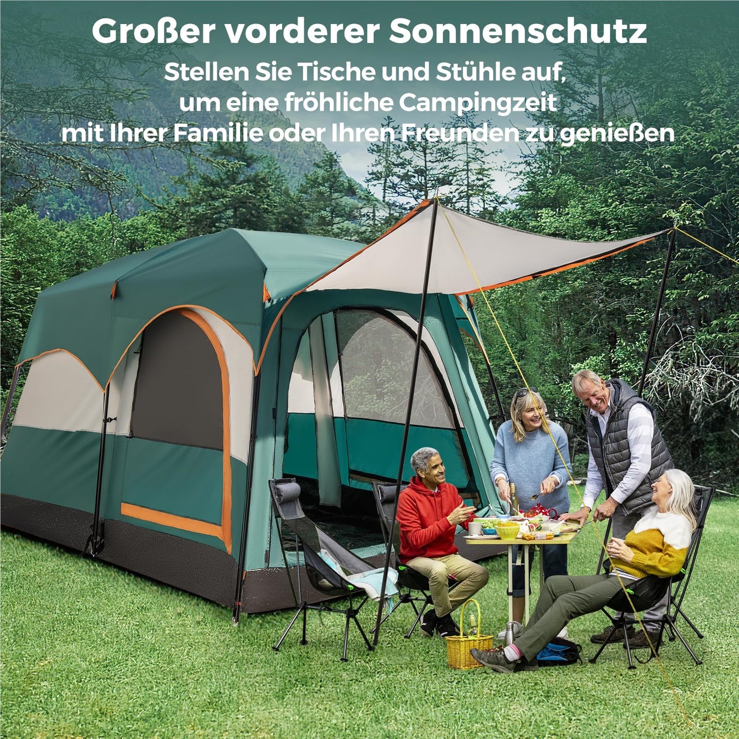 Kampeertent – Familietent – Tunnel Tent – Grote Tent – 2-Kamer Tent – Waterdicht Oxford Polyester – Ruime Voortent Met Zonnescherm – Voor 4-6 Personen – Groen