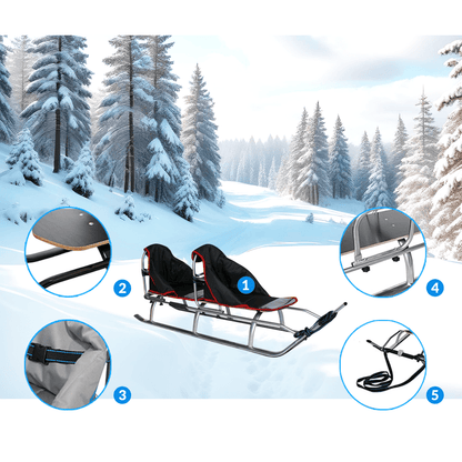 Grote Tandem Slee – Tandemslee, Sneeuwslee, Bobslee, Duo Slee – Veilig Met Veiligheidsgordels – Lichtgewicht Aluminium & Waterdichte Matras