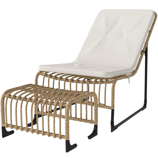 Rotan Loungestoel – Rieten Fauteuil – Tuinstoel – Relaxstoel – Balkonstoel – Weerbestendig Kunststof Rattan – Inclusief Voetenbank en Kussen met Fixatiebanden 65x93x80 cm