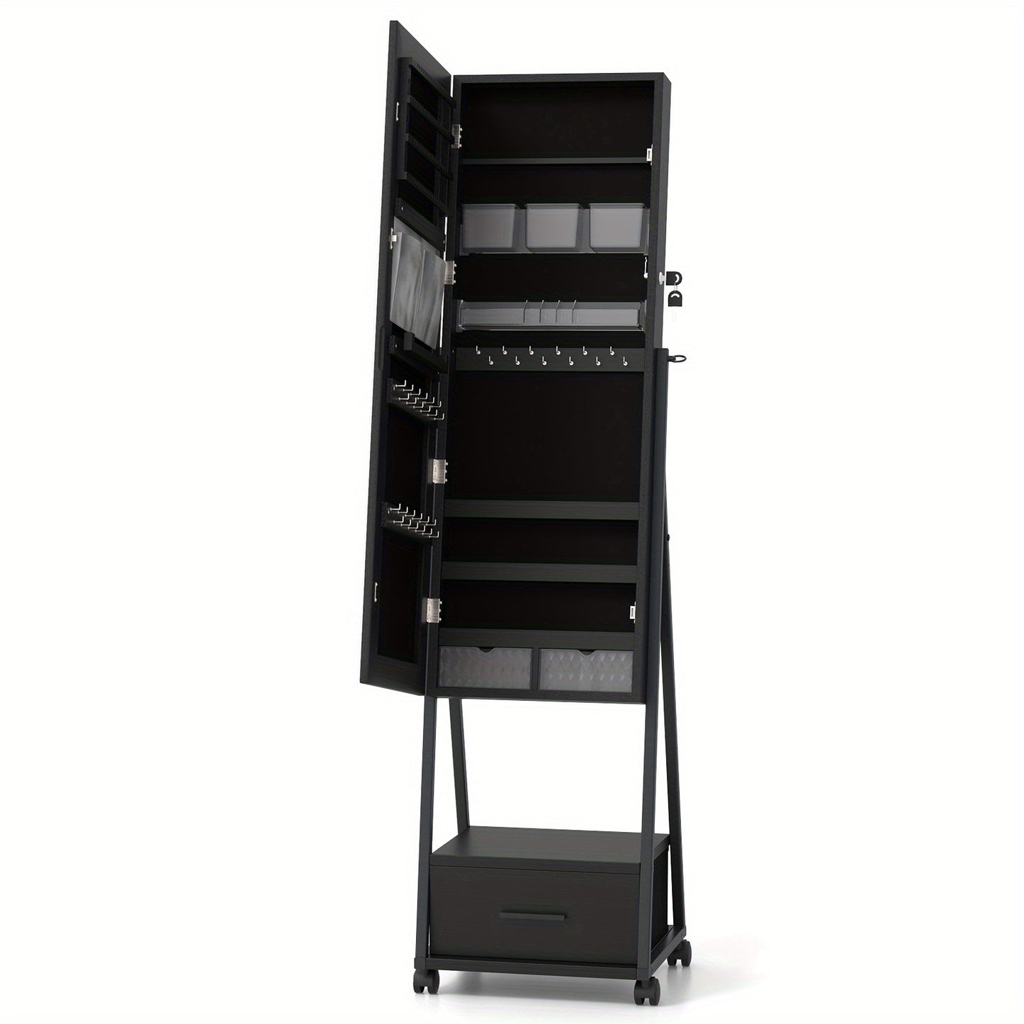 Sieradenkast – Juwelenkabinet – Jewelry Armoire – Sieradenopberger – Sieradenhouder – Zwart – Vloermodel Met Slot – Met Volledige Spiegel
