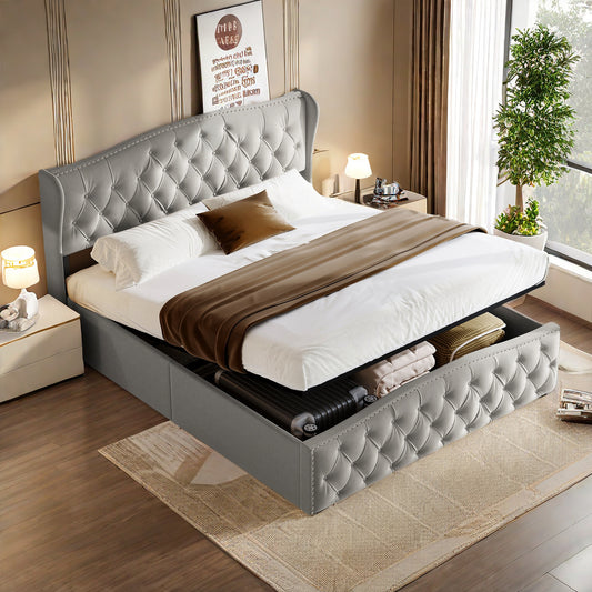 Tweepersoonsbed – Bed met Opbergruimte – Opbergbed – Boxspring – Staanderbed – Grijs 160x200 cm – Stevig MDF Frame – Luxe Fluwelen Bekleding