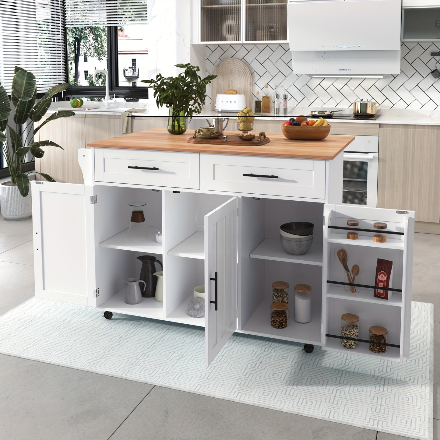 Keukentrolley – Serveerwagen – Keukenwagen – Opbergtrolley – Mobiele Kast – Wit – Massief Houten Werkblad – Verstelbare Voeten – 129x46 cm – Verrijdbaar Met Remmen
