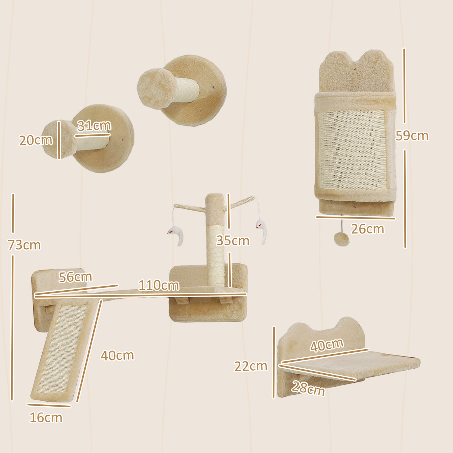 Wandrek Kat – Kattenmeubel – Klimmeubel Kat – Krabpaal Wand – Speelmeubel Kat – Beige Kleur – Ruimtebesparend Ontwerp – Inclusief Krabpalen en Speelplatform