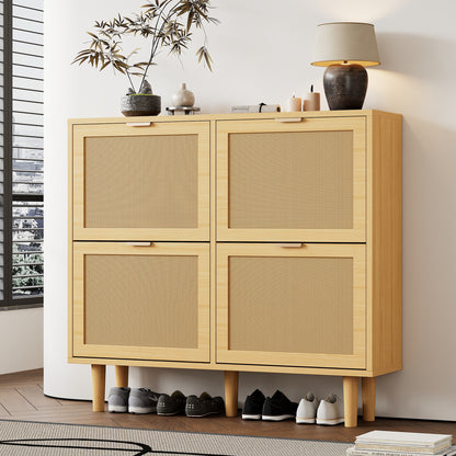 BTM Shoe Cabinet with 4 Folding Drawers, Rattan Shoe Dresser with Metal Handles, Shoe Rack for Hallway, Bedroom, Apartment, Wooden Furniture, Rustic Style, Dimensions: 100 x 25 x 90 cm