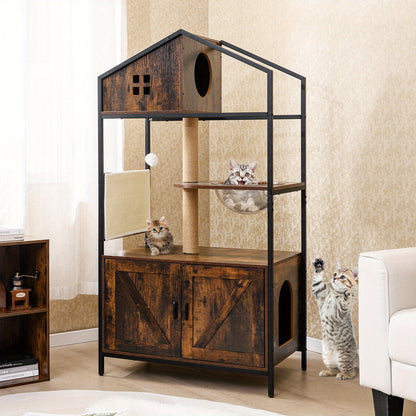 Kattentoren – Krabpaal – Kattenhuis – Kattenmeubel – Kattenbakmeubel – Ingebouwde Kattenbak – Ventilatieopeningen – Stevig Metaal & Jute – Rustic Brown/Black