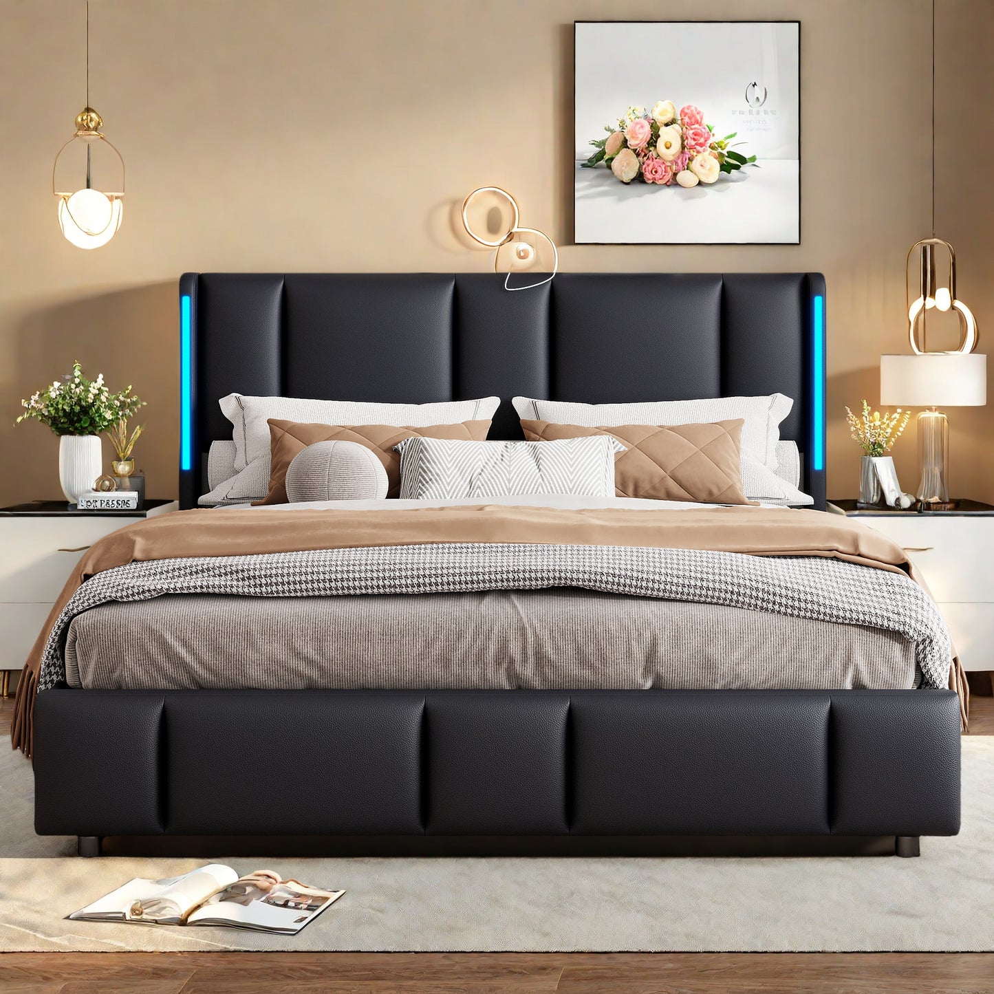 Dubbel Opbergbed – Opbergbed Met LED Verlichting – Bed Met Gasdrukveren – Bed Met USB Oplader – Stijlvol Slaapbed – 140x200 cm – PU Kunstleer Hoofdbord – Metalen Frame