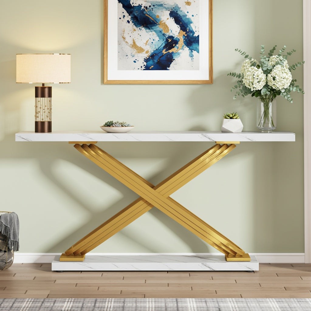 Sidetable – Consoletafel – Wandtafel – Haltafel – Bijzettafel – Smal Rechthoekig Ontwerp – Faux Marmeren Gouden Blad – Robuust Massief Houten Frame