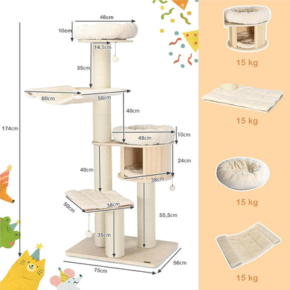 Krabpaal – Kattenboom – Kattenkrabpaal – Krabmeubel – Kattenhuis – 174 cm Hoog – Massief Houten 4-Laags Met Sisal Krabpalen En Hangmat