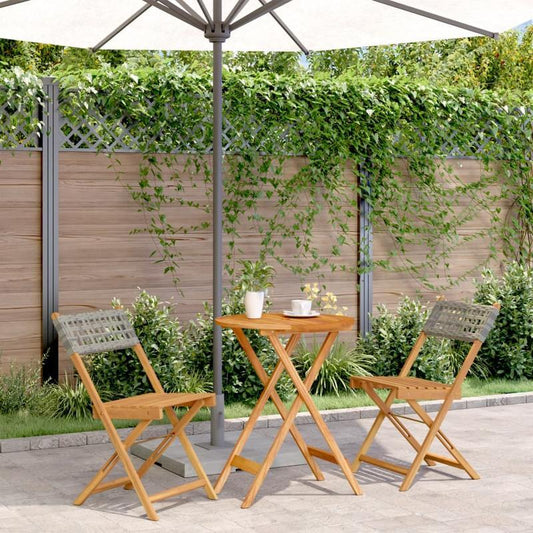 Bistro Set of 3pcs in Gray Poly Rattan And Solid Wood, Suitable for Temporary Outdoor Use.