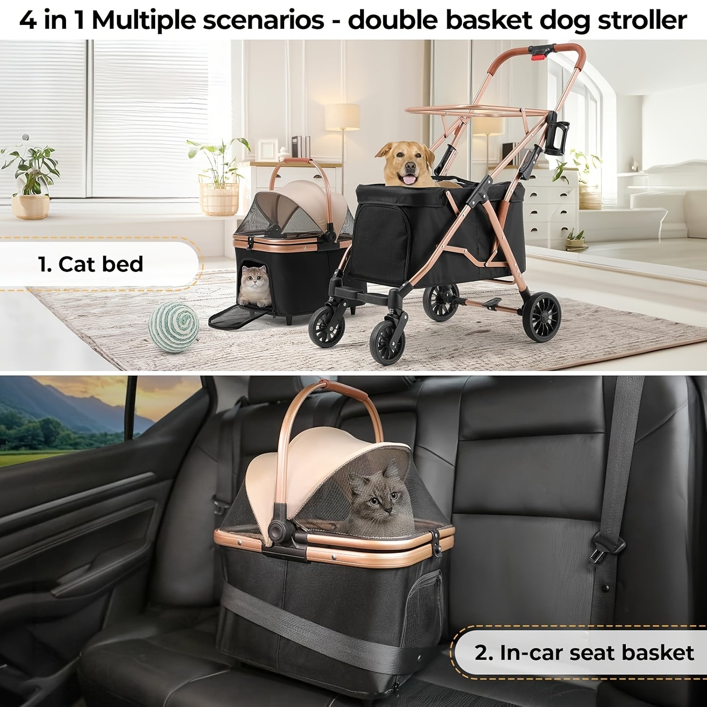 Draagbare Dierenwagen – Hondenwagen – Kattenbuggy – Huisdier Trolley – Meerzweepwagen – 360° Zwenkwielen – 25KG Draagvermogen – Opvouwbaar Met Mesh Ramen Champagne & Zwart