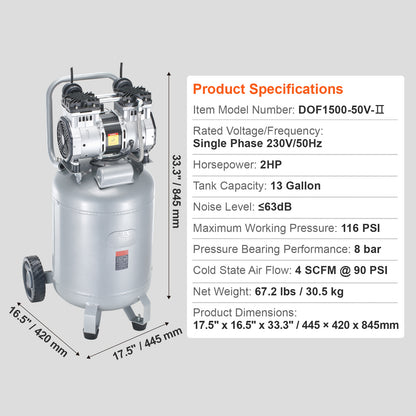 Luchtcompressor – Aircompressor – Compressor – Pneumatische Compressor – 13-Gallon – 2PK Motor – Olievrij – Stil 63 dB
