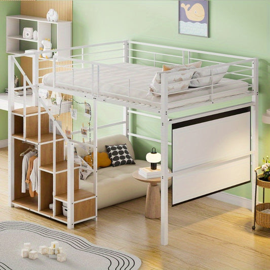 Tienerbed – Jongerenbed – Stapelbed – Halfhoogslaper – Bed met Trap – Volwassenformaat 140x200 cm – Stevig Metaal Zonder Hout