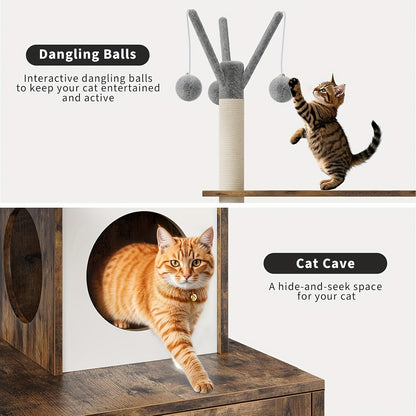 Kattenboom – Krabpaal – Kattenmeubel – Kattenhuis – Kattenkast – Verborgen Kattenbak – Duurzame Sisal Krabpaal – Ruimtebesparend Bruin-Wit Design
