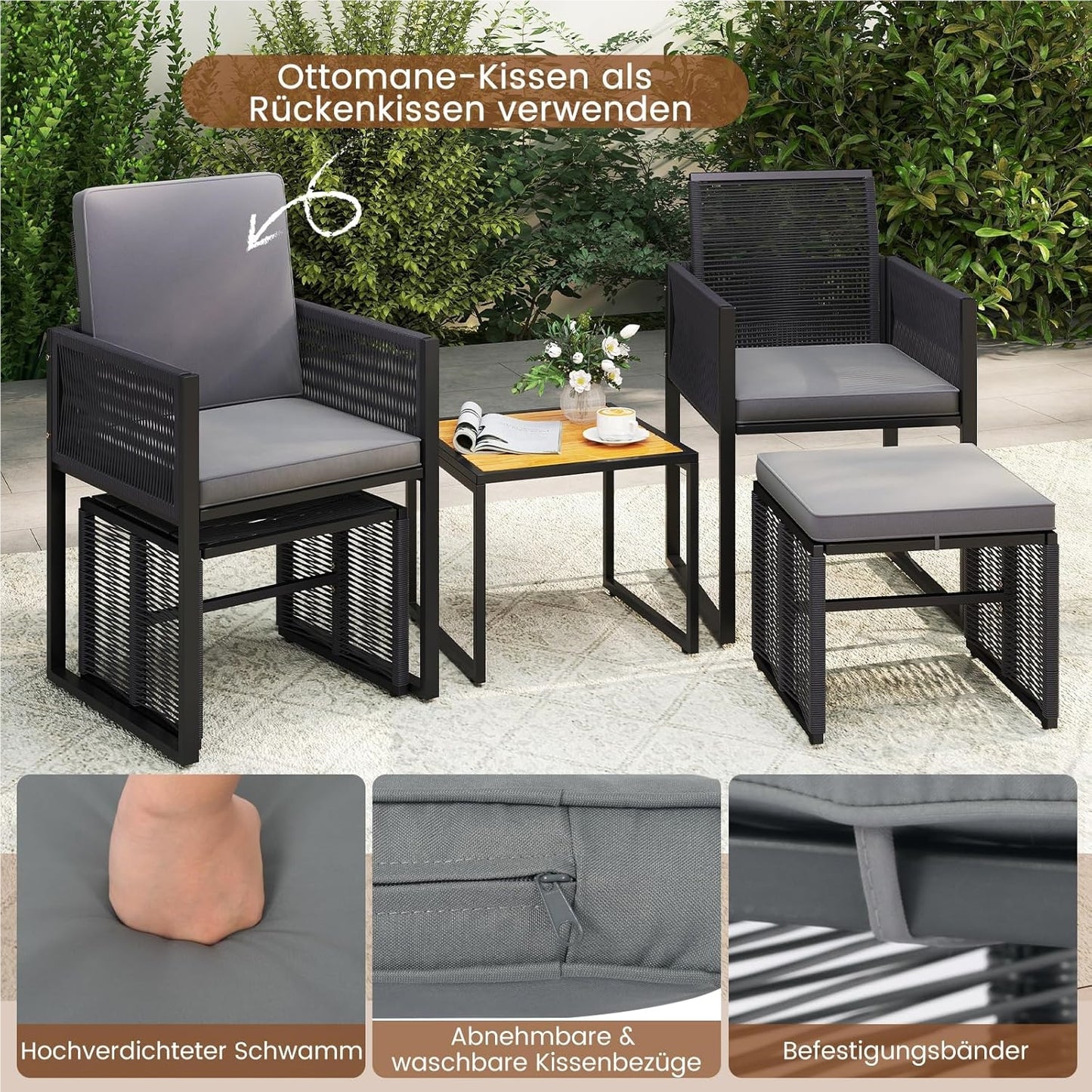 Tuinset – Loungeset – Balkonset – Zitgroep – Bistroset – 5-delig rattan met kussens – Opbergbare voetensteun en inklapbare rugleuning