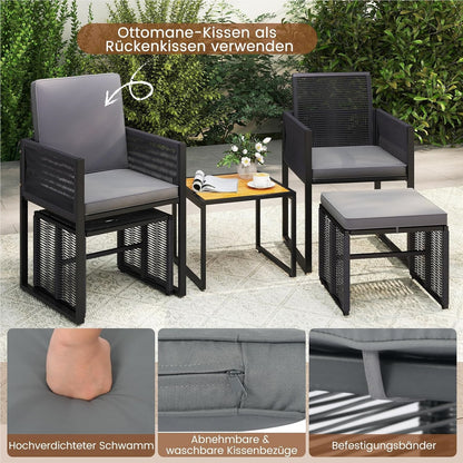 Tuinset – Loungeset – Balkonset – Zitgroep – Bistroset – 5-delig rattan met kussens – Opbergbare voetensteun en inklapbare rugleuning