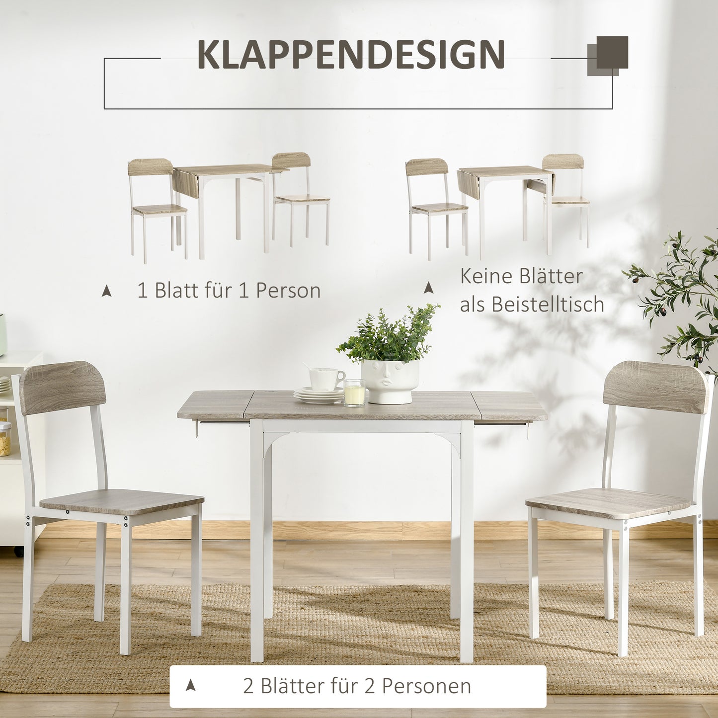 2-persoons inklapbare eettafelset – inklapbare tafel – klapstoel set – compacte eettafel – balkonset – ruimtebesparend ontwerp – duurzaam wit en natuurlijk hout