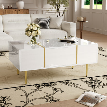 Salontafel – Koffietafel – Woonkamertafel – Bijzettafel – Tafeltje – Hoogglans Wit – 2 Ruime Lades – Gemakkelijk Schoon Te Maken
