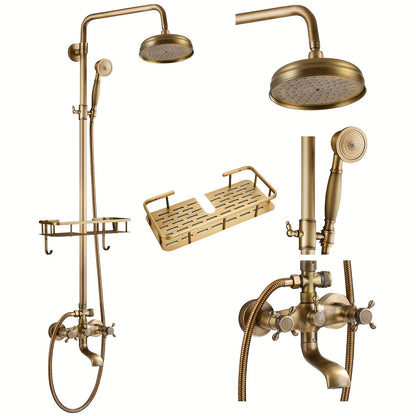 Douchekraan – Doucheset – Douchemengkraan – Thermostaatkraan – Handdouche – 20 cm Regendouchekop – Antiek Messing – Met Plank